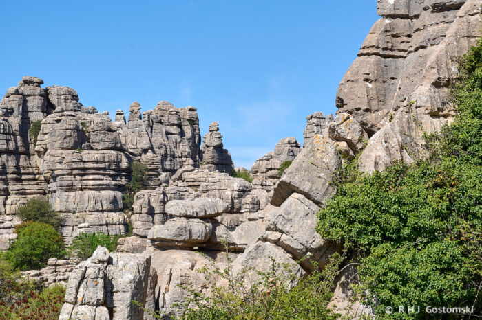 Torcal-NZ6_5860 Rocky limestone formations rise amid green shrubs under a clear blue sky, with layered cliffs and scattered vegetation visible across the rugged landscape.