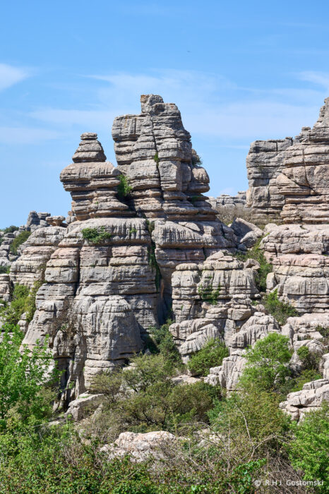 Torcal-NZ6_5874 Tall, layered limestone rock formations with unique shapes rise above green shrubbery under a blue sky in a natural landscape.