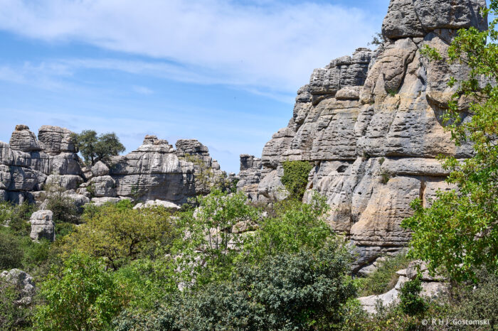 Torcal-NZ6_5892 Large, rugged limestone rock formations rise above green shrubs and trees under a partly cloudy blue sky, creating a scenic, natural landscape.