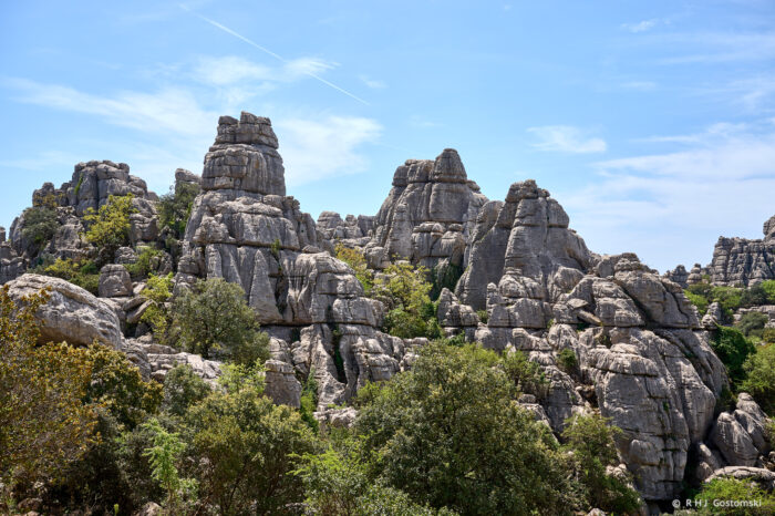 Torcal-NZ6_5908 Rocky formations rise above green trees under a blue sky with light clouds. The layered, jagged rocks create a dramatic landscape, suggesting a natural, mountainous terrain.