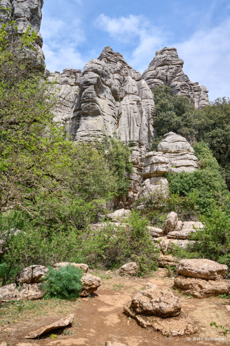 Torcal-NZ6_5935 Rocky limestone formations rise above green shrubs and trees under a partly cloudy blue sky, with a dirt track and scattered stones in the foreground.