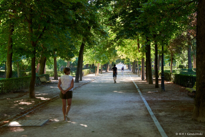 Retiro Park, Madrid A tree-lined park path with sunlight filtering through the leaves. A person in shorts and a white top walks with hands behind their back, while two others walk further ahead on the shaded walkway. Benches line the sides.