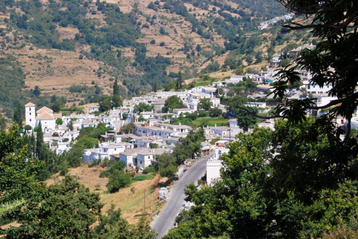 The hillside village of Bubion, with white buildings and a church, surrounded by green trees and mountains under a clear sky. A winding road runs through the centre of the village.
