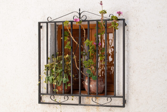 A window with wooden shutters is set in a white wall, protected by a black wrought iron grille. Two potted plants with green leaves and purple flowers sit on the windowsill behind the bars.