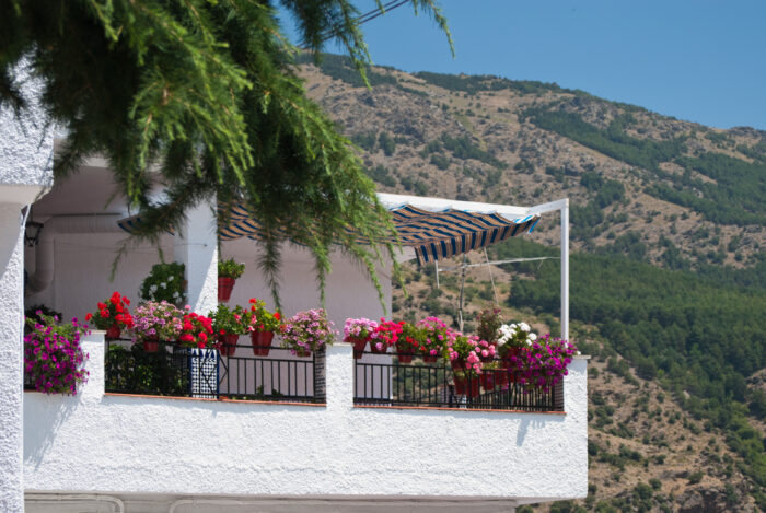 A white balcony decorated with colourful potted flowers and a striped awning overlooks a green, tree-covered mountain under a clear blue sky.