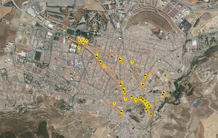 A satellite map of Antequera, showing the route I generally followed, with the route marked in orange and yellow location pins indicating points of interest.