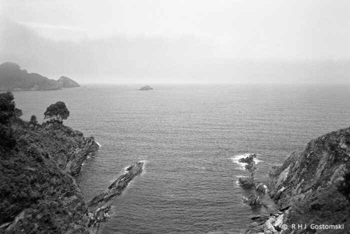 Black and white photo of the Viveiro⁩ coastline in Galicia, showing two steep cliffs with shrubs and trees framing a calm sea. A small island appears in the distance beneath a cloudy sky.