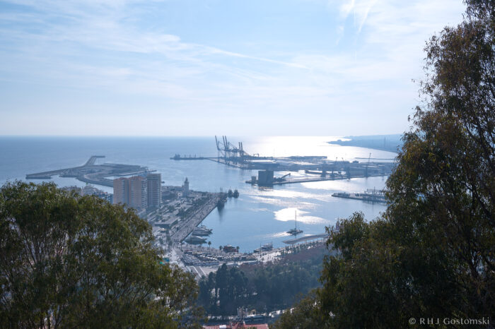 View of Malaga from Castillo Gibralfaro A scenic view of a coastal city and busy harbour with cranes, docks, and ships, surrounded by calm blue water. Trees frame the foreground, and sunlight reflects off the sea under a partly cloudy sky.