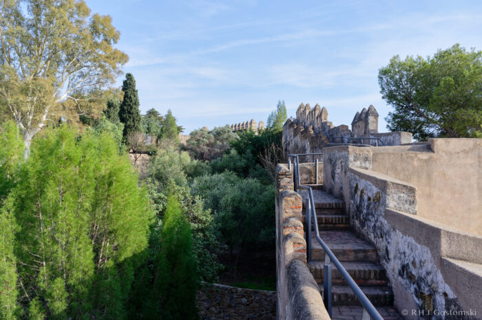 Stone steps lead up to a mediaeval wall with crenellations, surrounded by lush green trees under a blue sky. The wall curves into the distance, partially obscured by vegetation.