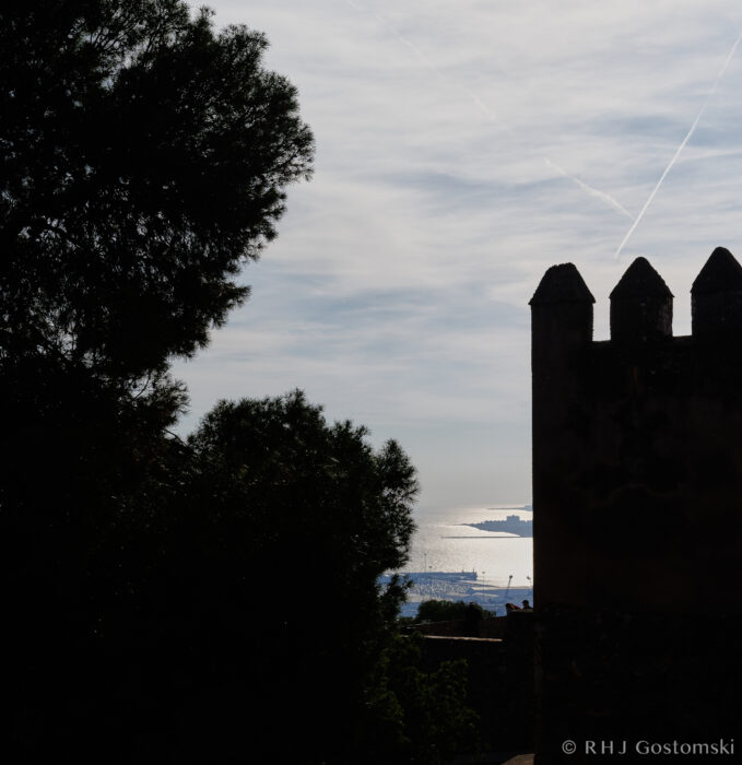 Silhouette, Castillo Gibralfaro A silhouette of a tree and a castle tower overlooks a hazy coastline with a ship on the water under a sky crossed by aeroplane contrails.