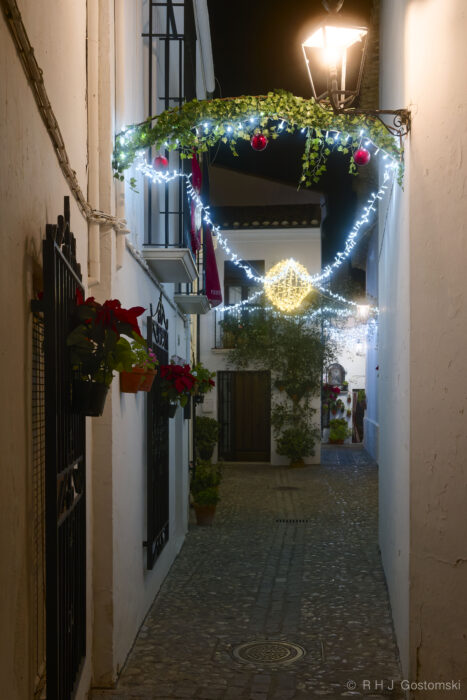 Barrio de La Villa, Priego de Córdoba at Christmas A narrow cobblestone alley in the Barrio de La Villa is decorated with festive lights, red baubles, and greenery at night. White buildings line the street, and a hanging lantern illuminates this cosy Priego de Córdoba at Christmas scene.