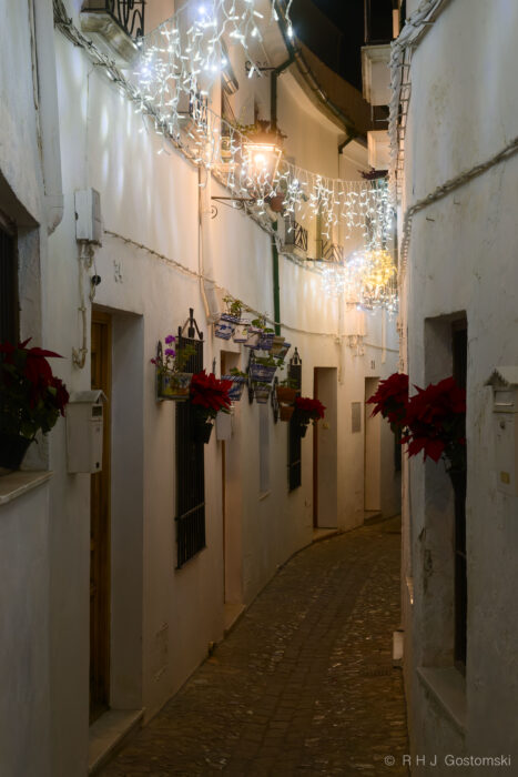 A narrow alley in Barrio de La Villa, Priego de Córdoba at Christmas A narrow, winding street in the Barrio de La Villa, lined with white buildings, is decorated with festive fairy lights and red poinsettia plants at night, creating a warm, inviting atmosphere in Priego de Córdoba at Christmas.