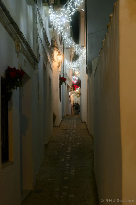 A narrow alley in the Barrio de la Villa, Priego de Córdoba, adorned with Christmas decorations A narrow, dimly lit alleyway in Priego de Córdoba glows with festive lights and Christmas decorations at night. White buildings are adorned with lanterns and red flower arrangements, whilst a few people stroll in the distance.
