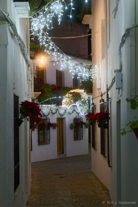 Priego de Córdoba. Christmas lights in the Barrio de La Villa district A narrow cobblestone street in Priego de Córdoba with white walls is decorated with hanging Christmas lights, poinsettias, and garlands, creating a festive night-time atmosphere.