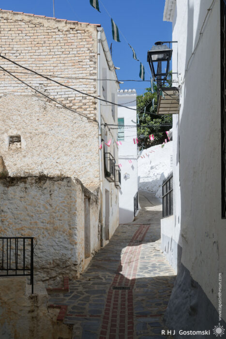 A narrow street in Guájar-Faragüit A narrow stone alleyway with whitewashed buildings, brick walls, railings, and overhead wires; colourful banners hang above and sunlight casts shadows along the path in Guájar-Faragüit.
