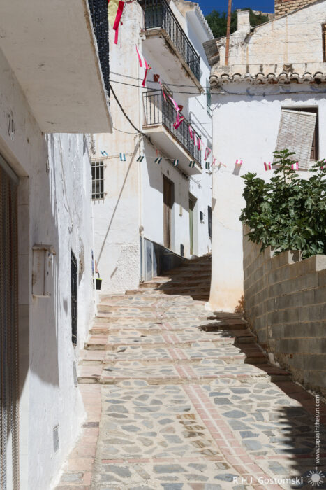 A narrow street in Guájar-Faragüit A narrow, sunlit stone alleyway in Guájar-Faragüit, lined with white buildings, balconies, and colourful hanging flags. Shadows from nearby greenery fall across the path.