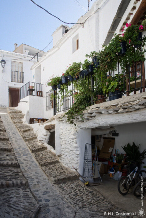 A narrow stepped path A narrow stone path in Capileira passes whitewashed buildings with flower pots on a balcony. Stairs lead up, and a small area beneath the stairs contains a bicycle and various stored items.