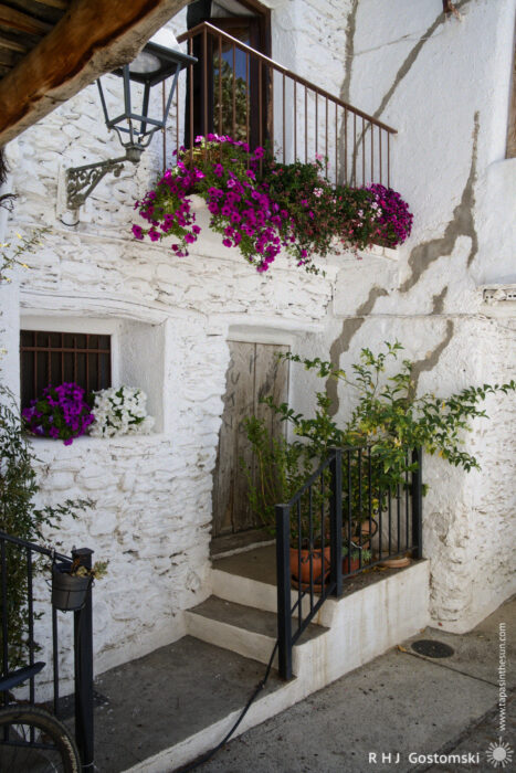 A rustic white stone house A rustic white stone house with a wooden door, iron railings, pink and purple flowers in window boxes, and potted plants on the steps. Sunlight highlights the textured walls and cosy entrance.