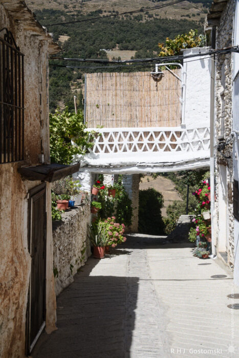 Tinao over a narrow street A narrow, sunlit street in the Spanish village of Capileira with whitewashed walls, potted flowers, and a wooden door. Above, a traditional tinao spans a narrow street, connecting the buildings, with green hills visible in the background.