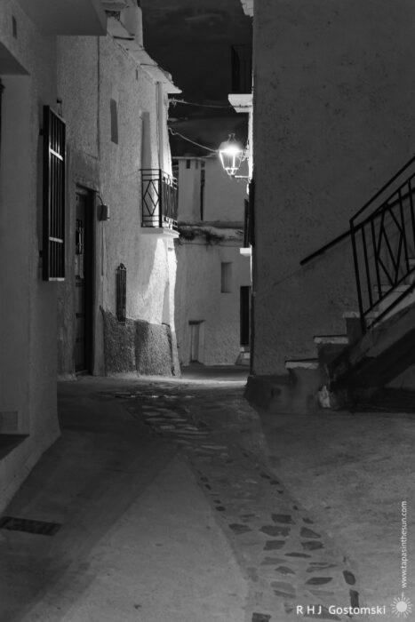 Narrow village street at night Narrow, empty alleyway at night with whitewashed walls and a single lit streetlamp casting shadows; cobbled path and metal railings visible. Black and white photograph.