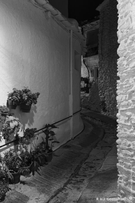 A winding alley at night Black and white photo of a narrow, winding cobblestone alleyway lined with stone walls and potted plants, illuminated by nighttime lighting. The scene feels quiet and empty.