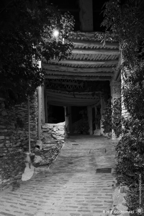 Tinaos over a cobbled alley A narrow stone path, covered by wooden beams and surrounded by stone walls and leafy plants, is dimly lit at night in a black and white photograph.