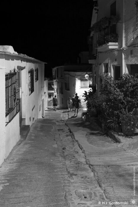 Walking at night A black-and-white photo of a narrow, cobbled street at night, lined with white houses. Four people walk in the distance under streetlamps, and potted plants decorate the front of the houses on the right.