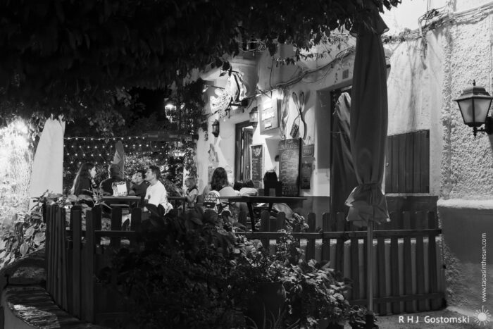 The bar terrace Outdoor bar scene at night in black and white; people sit at tables under leafy trees and fairy lights, with plants and parasols around. The atmosphere appears relaxed and cosy.