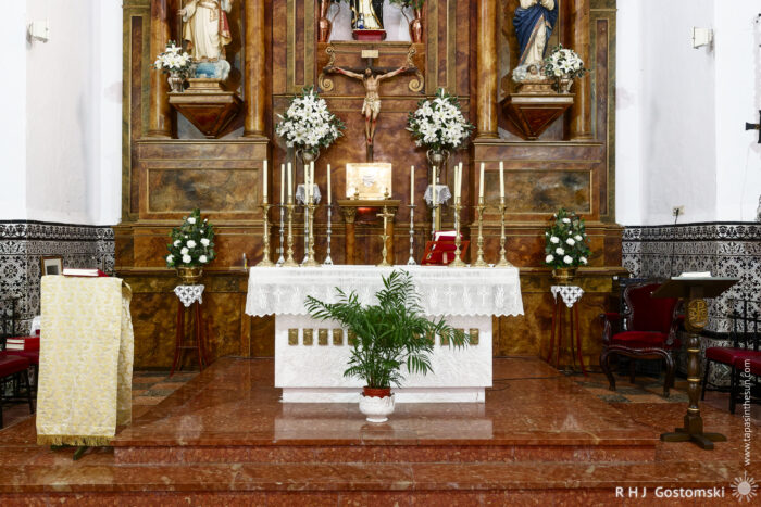 Church Altar with Floral Arrangements The altar in Santo Domingo de Guzmán Church adorned with white flowers, candles, and religious statues. A small potted plant sits on the altar, and a decorative cloth is draped on a stand nearby, creating a serene atmosphere for worship.