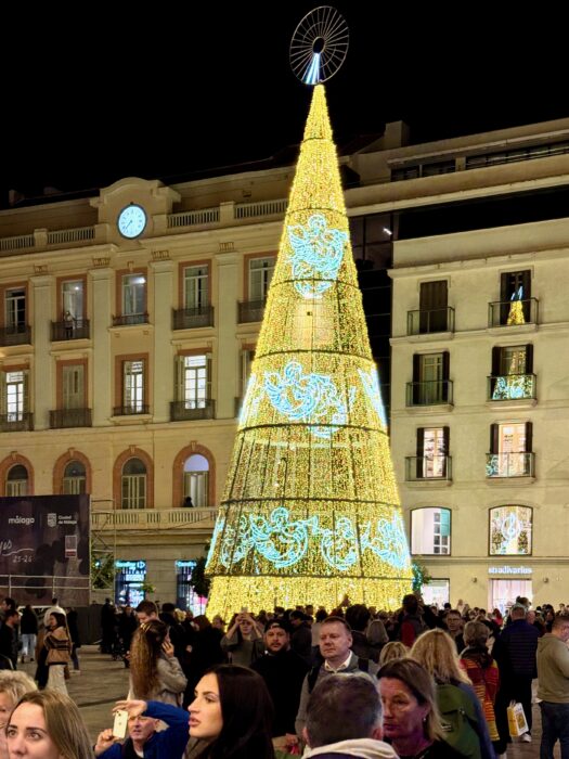 A large, illuminated Christmas tree stands in a bustling plaza at night, adorned with gold and blue lights. Crowds of people gather around, enjoying the festive atmosphere near grand, traditional buildings.
