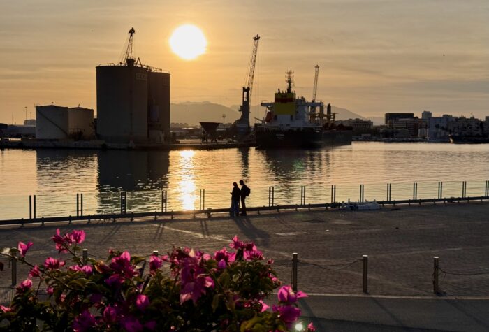 Silhouette of Malaga docks at sunset, featuring cranes and ships reflected in calm waters. The scene captures the beauty of dusk with warm tones illuminating the sky and landscape.