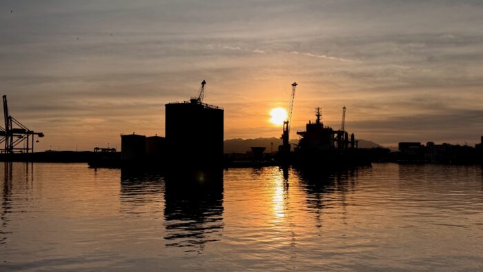 A large cruise ship is docked at a calm harbour during sunset, with a backdrop of industrial shipping cranes reflecting on the water's surface. The sky is painted in soft pastel hues, creating a serene and picturesque maritime scene.