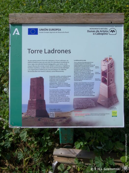 Informational sign titled "Torre Ladrones" with photo and diagram of a coastal watchtower, set on a green grassy background.