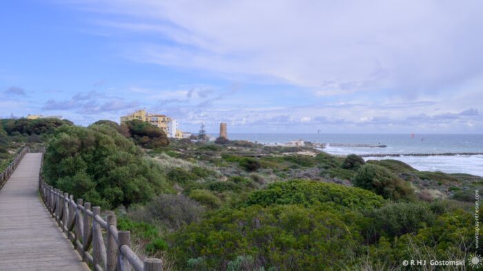 A wooden walkway leads through lush greenery, offering a view of the sea with gentle waves. In the distance, beachside buildings and a watchtower can be seen under a partly cloudy sky. The tranquil coastal scene highlights nature and architecture.