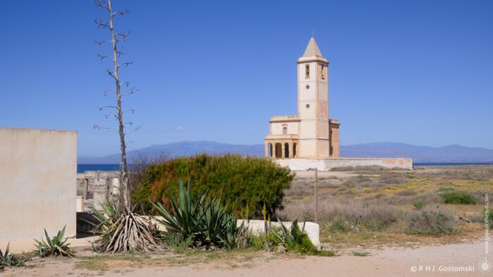 A tall, slender agave plant stands beside a low wall, with the Iglesia de las Salinas belfry in the distance across a flat landscape. The bright sunlight illuminates the scene on a clear day, creating a sense of tranquility and openness.