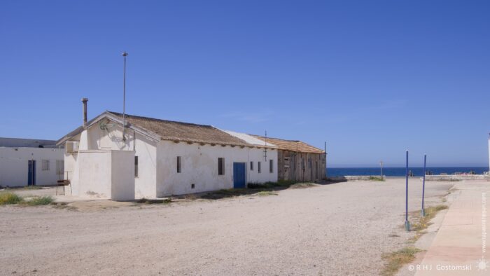 A long, low-lying white and timber building sits on a gravel expanse near the sea in Las Salinas. The sky is clear and bright, suggesting midday sunlight, while a few small details like the antenna on top of the building add character to the scene. A paved walkway runs along one side, leading towards a distant coastline.