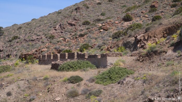 A weathered stone structure sits partially hidden amongst sparse vegetation on a steep, arid hillside. The scene is bathed in bright midday sunlight, creating strong shadows and highlighting the textures of the rock and plants. The overall mood is one of quiet solitude and historical mystery.